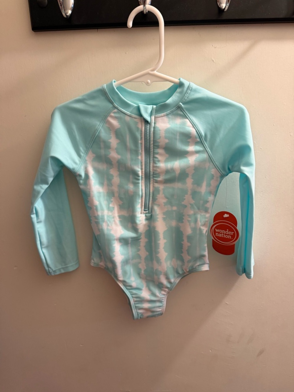 wonder nation Aqua and White Long Sleeve Tie-Dye Rashguard Swim Top